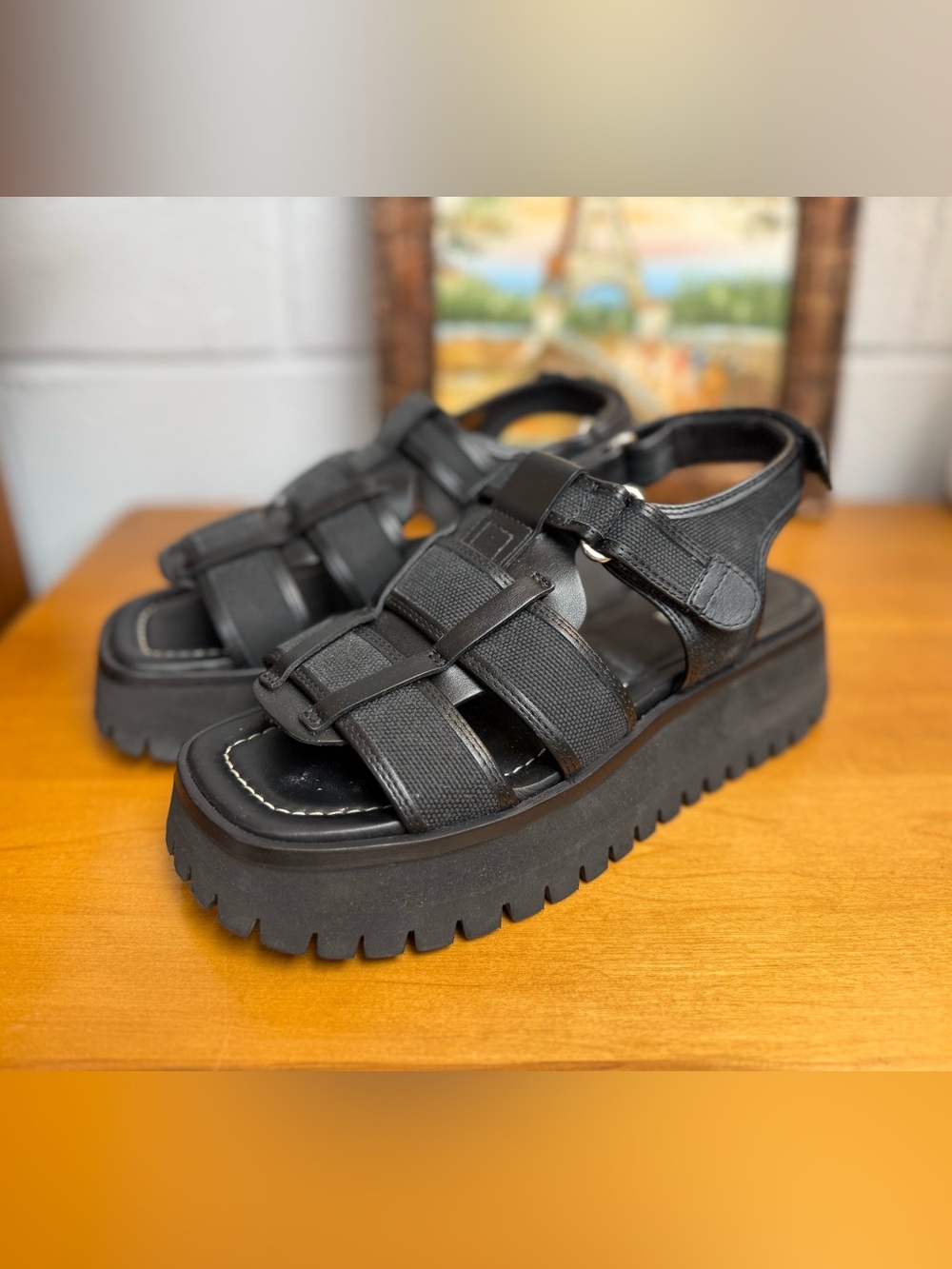 Labucq Black Leather Platform Fisherman Sandals Size 38 Made In Italy